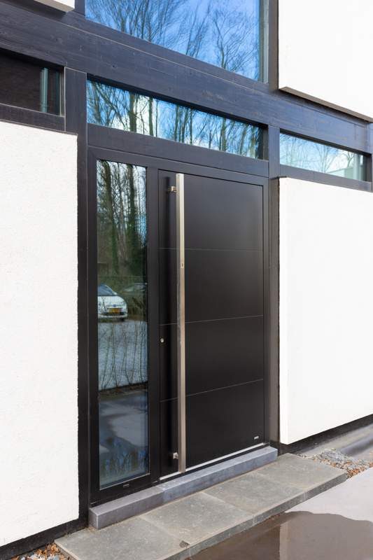 Black aluminium front door with glass side panel
