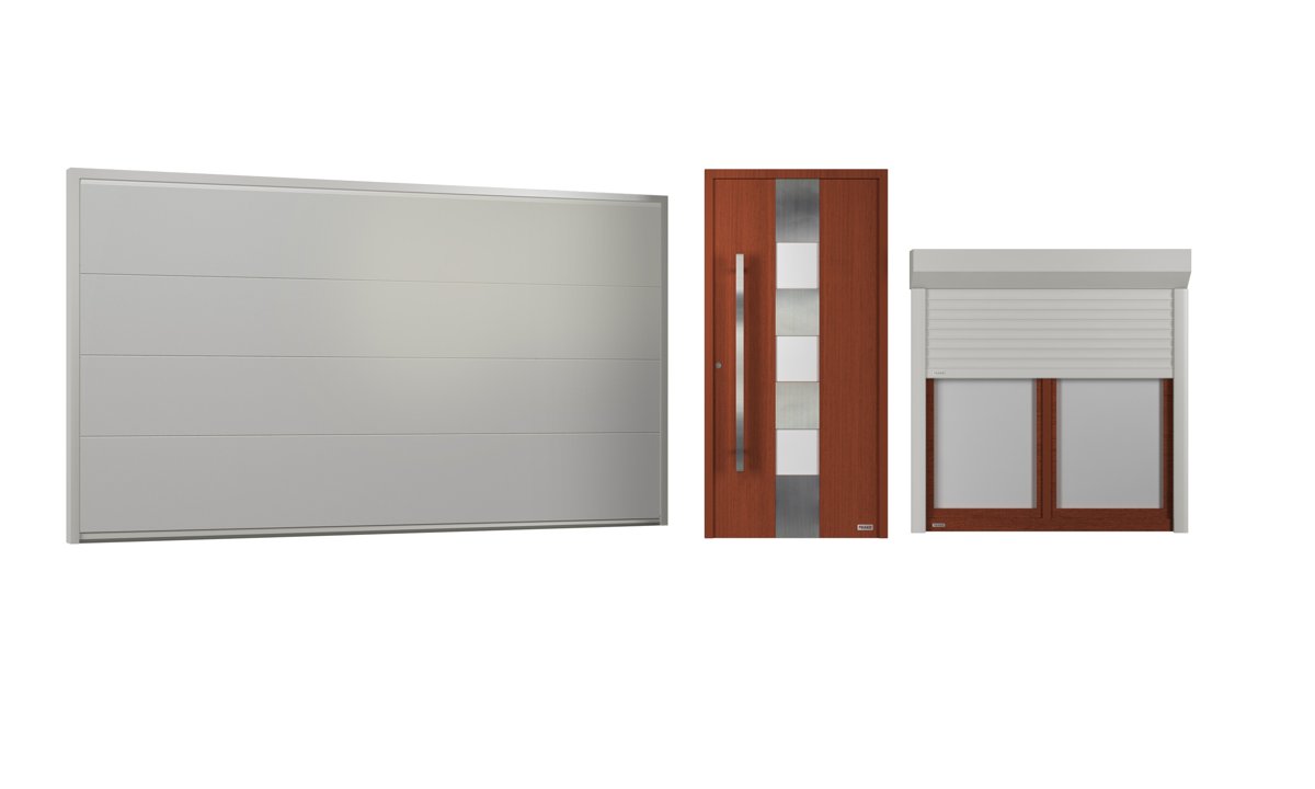Fotyna set: grey garage door, timber-effect front door and shutter window
