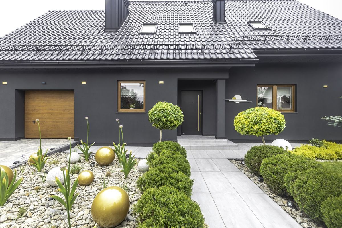 Dark render house with golden oak garage door, front door and windows